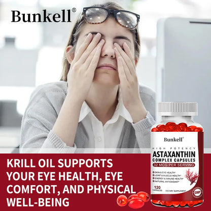 Bunkell Vegan Astaxanthin with Fish Oil & Antratic Krill Oil, Antioxidant, Supports Eye, Skin, Cellular Health, Non-GMO Capsules