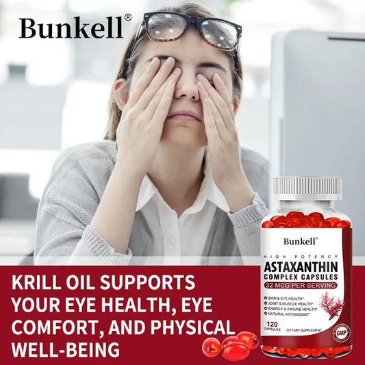 Bunkell Vegan Astaxanthin with Fish Oil & Antratic Krill Oil, Antioxidant, Supports Eye, Skin, Cellular Health, Non-GMO Capsules